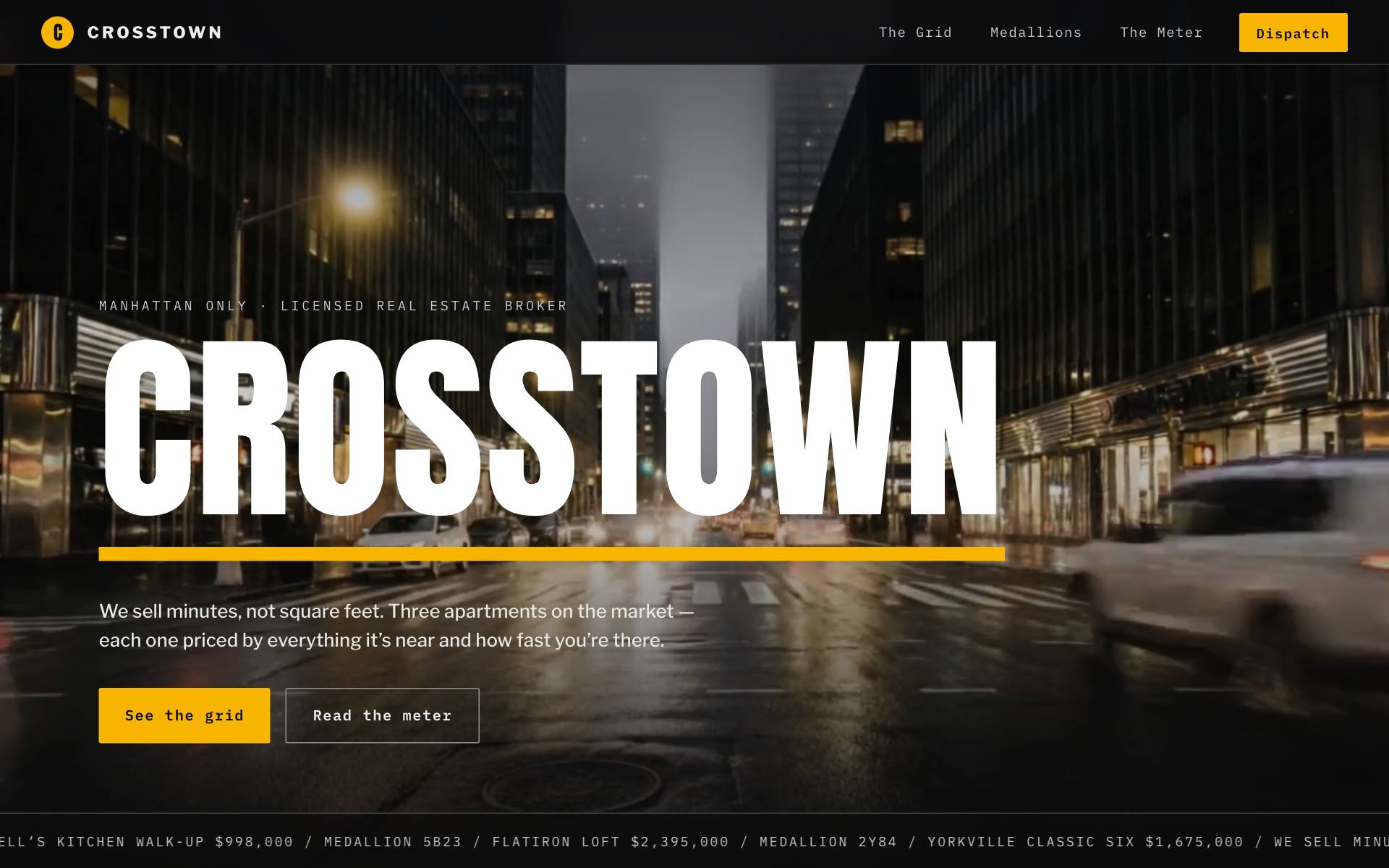 CROSSTOWN — night avenue light-trails under giant signage type