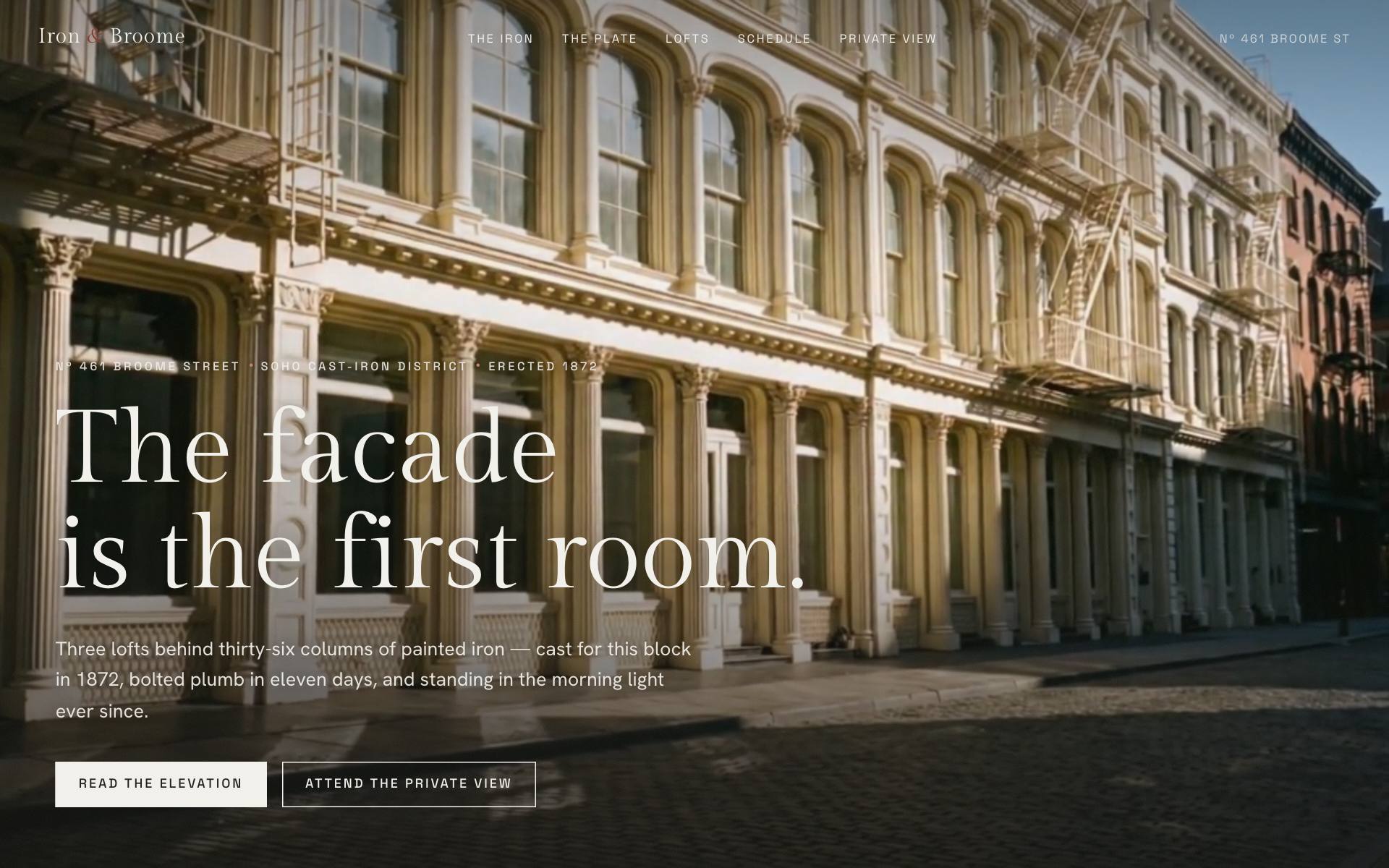 Iron & Broome — white cast-iron facade with raking light, pattern-book plate site