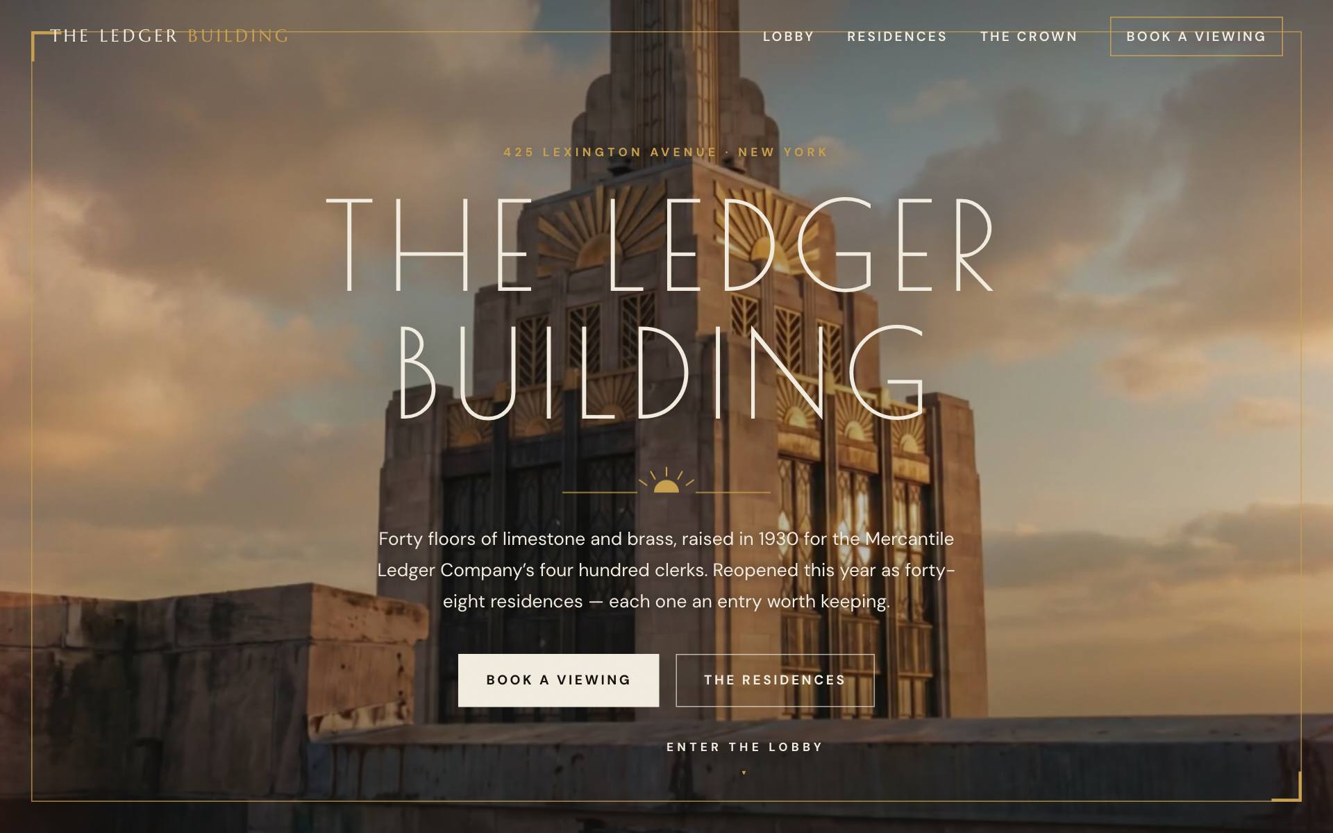 The Ledger Building — Art Deco crown at golden hour, living cinemagraph hero