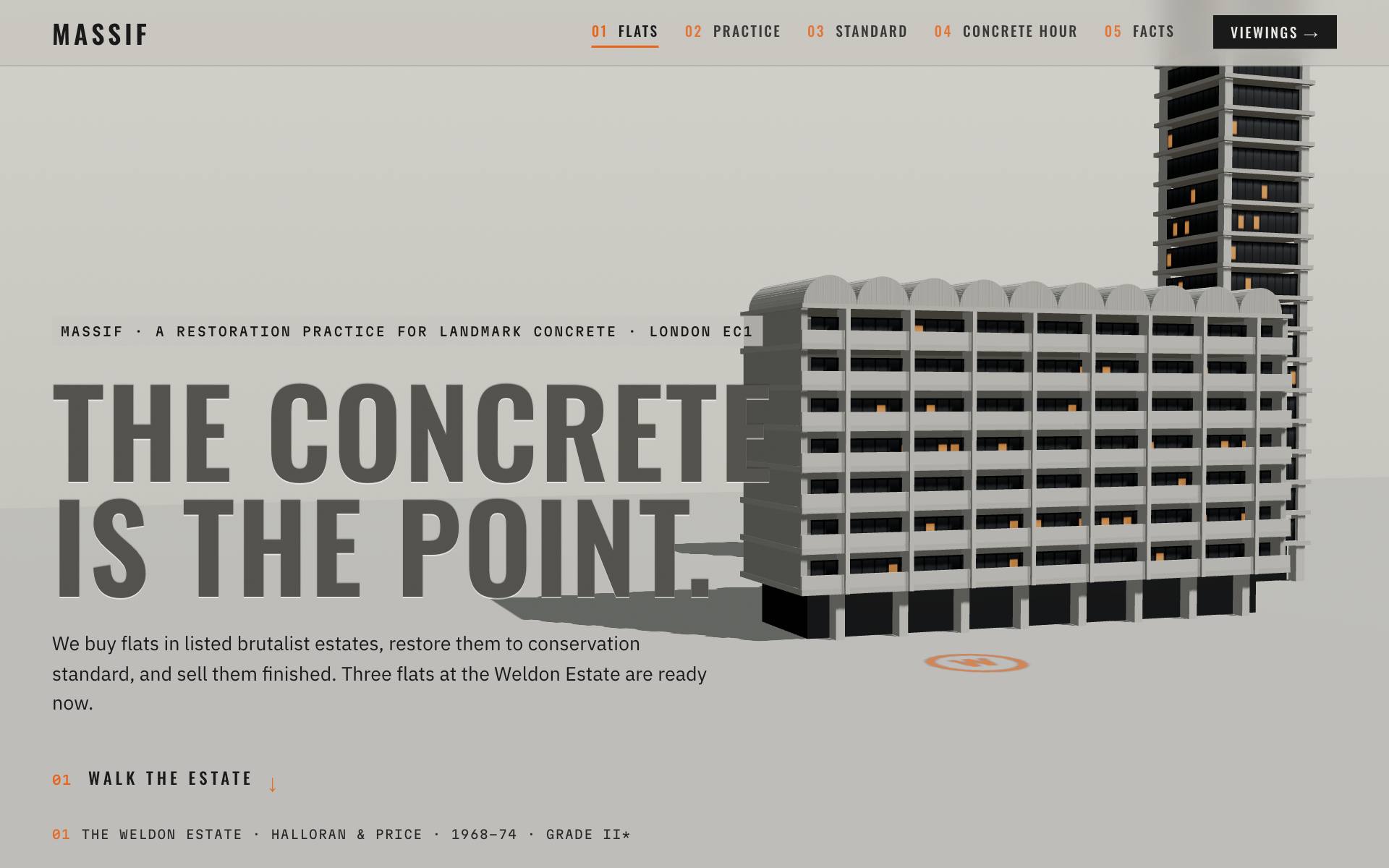 MASSIF — brutalist estate cutaway with dollhouse flats