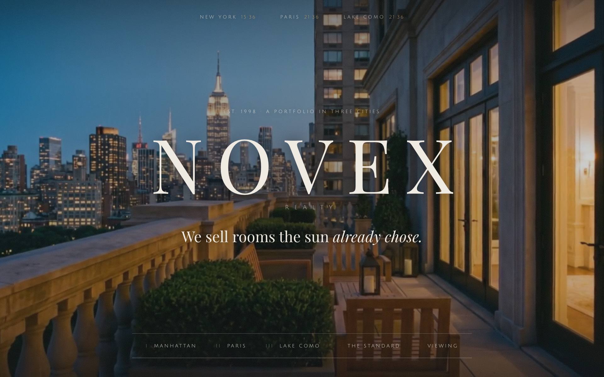 Novex Realty — printed-portfolio elegance across three cities
