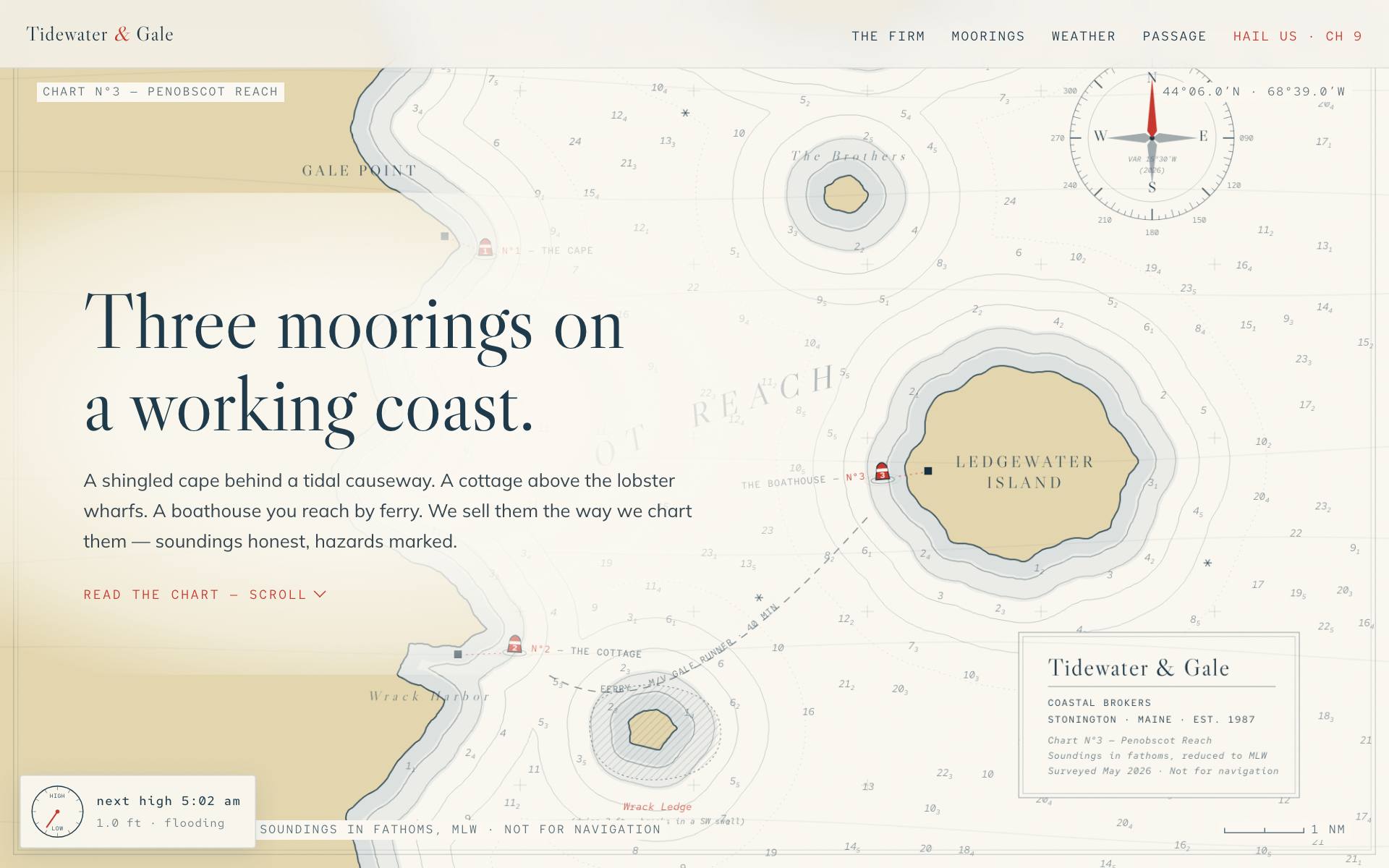 Tidewater & Gale — hand-built nautical chart with buoy-pinned properties