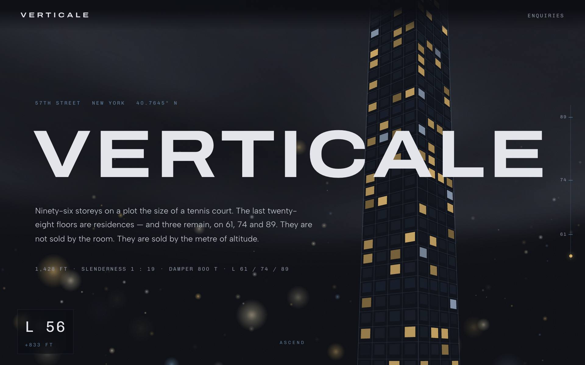 VERTICALE — night ascent of a three.js glass pencil tower
