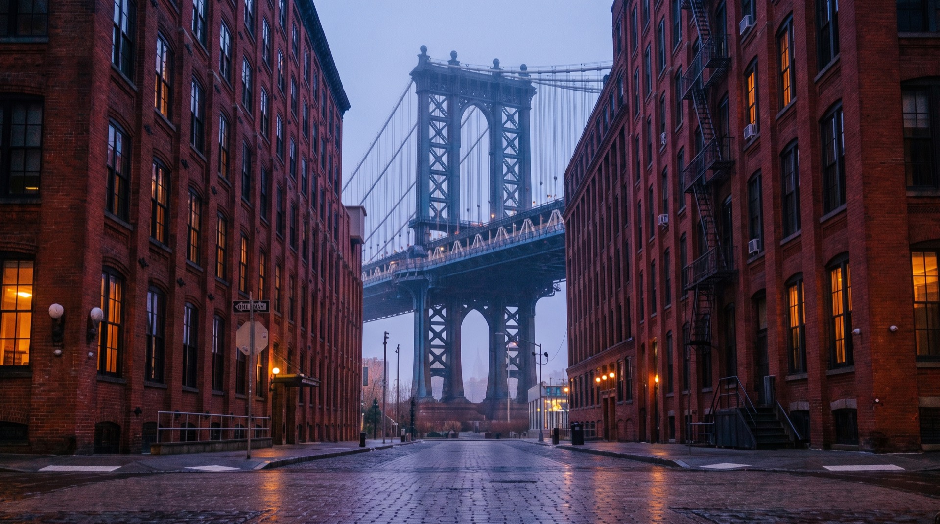 Washington Street in DUMBO at blue hour: brick warehouses on both sides, the Manhattan Bridge tower framed between them, windows warming amber.