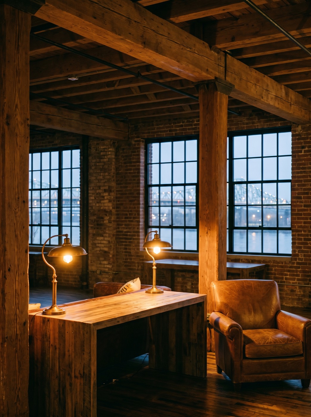 Loft interior at dusk: heart-pine columns and beams overhead, steel-sash windows going cobalt over the East River, two brass lamps lit amber on a plank table beside a leather armchair.
