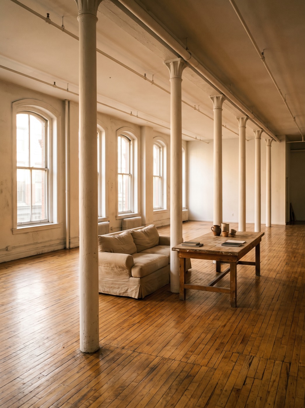 Loft III: a long white loft room with a line of slender cast-iron columns, arched windows, warm heart-pine floors, a linen sofa and a worktable
