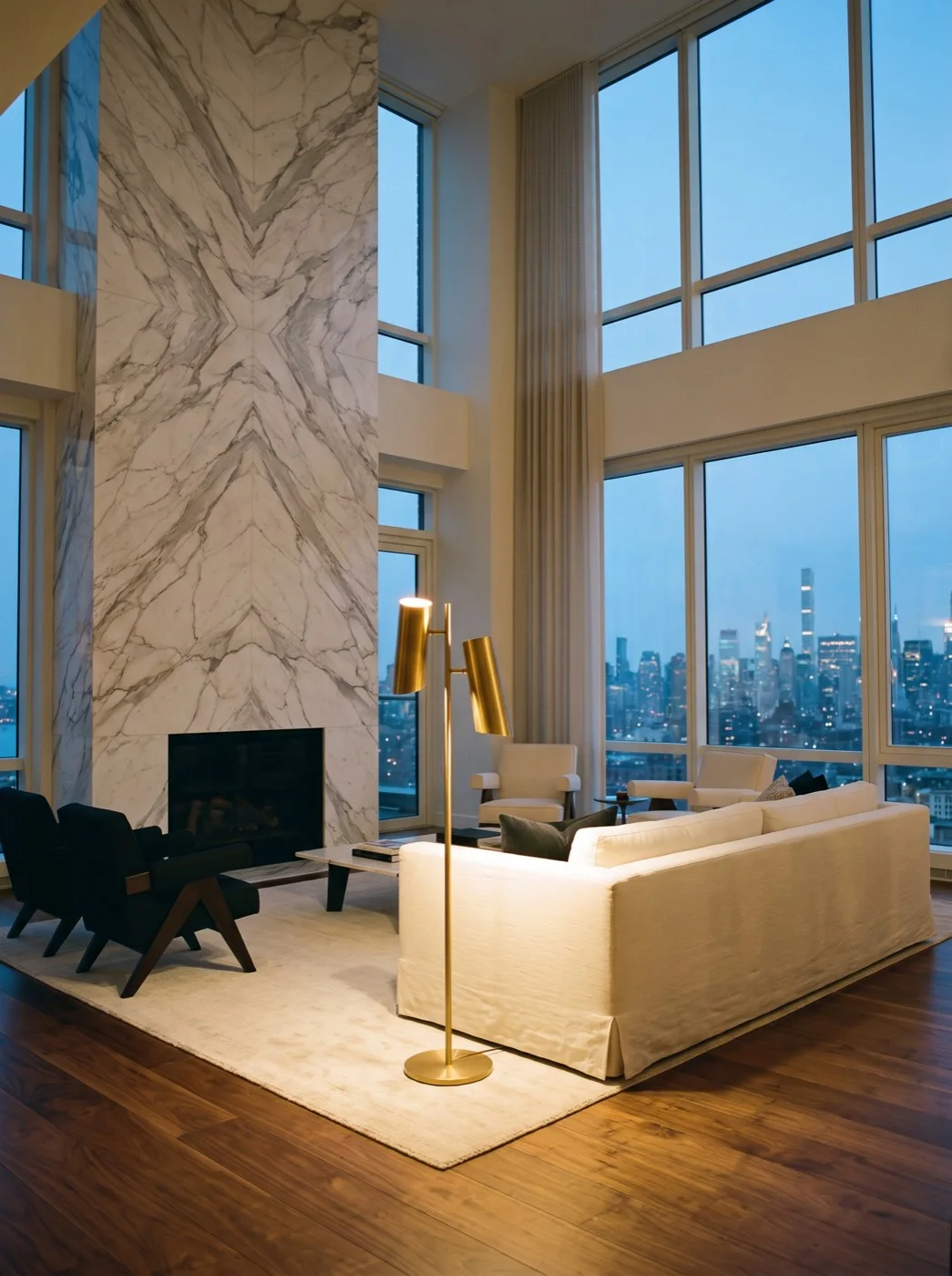 The double-height drawing room at dusk: a Calacatta marble chimney breast, white sofas, a brass floor lamp, Manhattan glittering through two storeys of glass.
