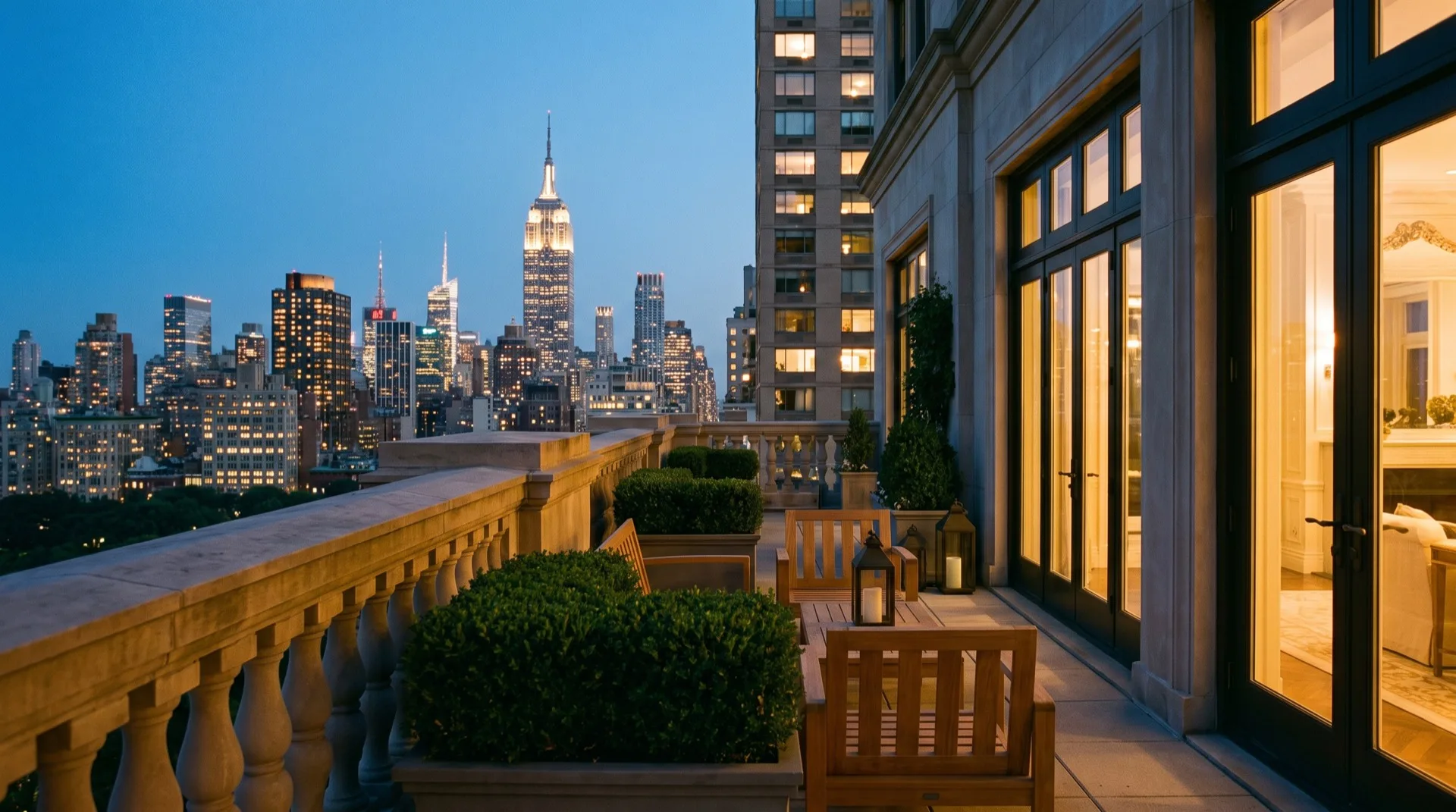 The south terrace at dusk: a stone balustrade running toward midtown, boxwood and teak chairs, the Empire State Building lit in the middle distance.