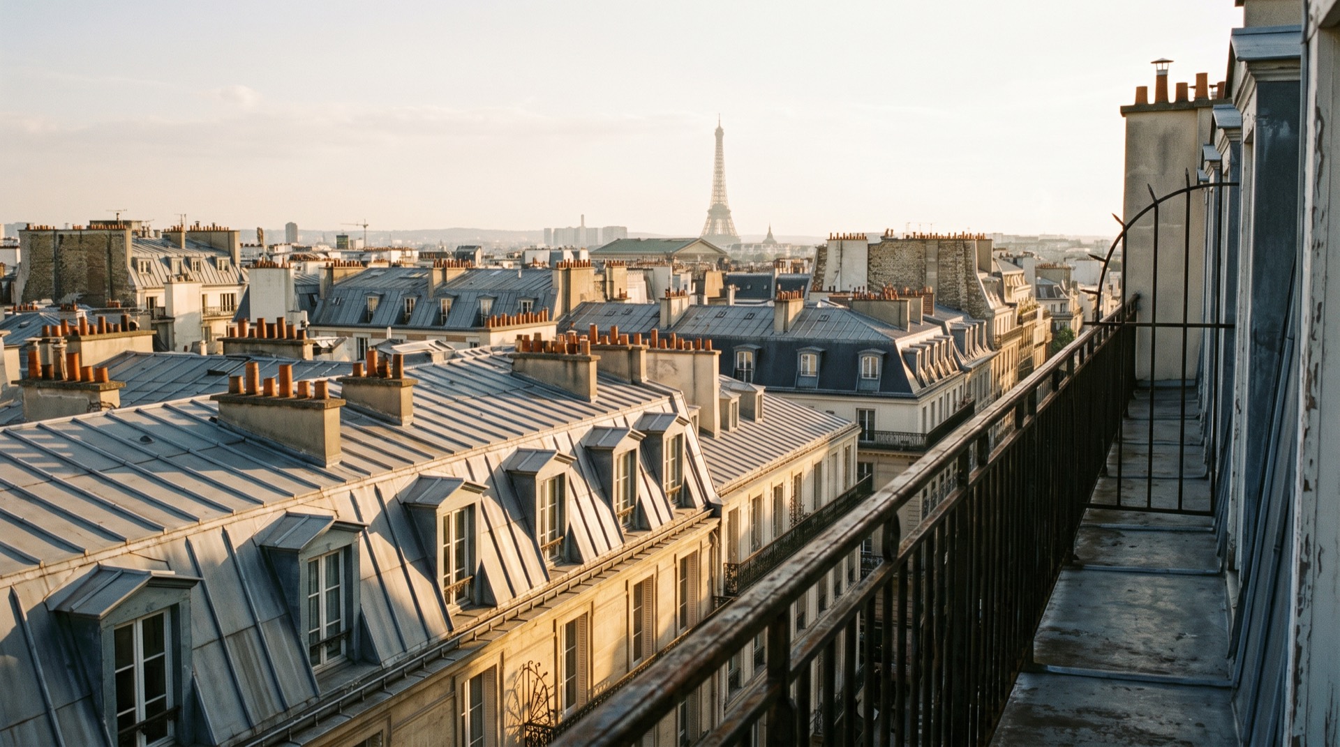 Zinc rooftops of Paris at dawn seen from a sixth-floor balcony, chimney pots catching the light, the Eiffel Tower distant in the haze.
