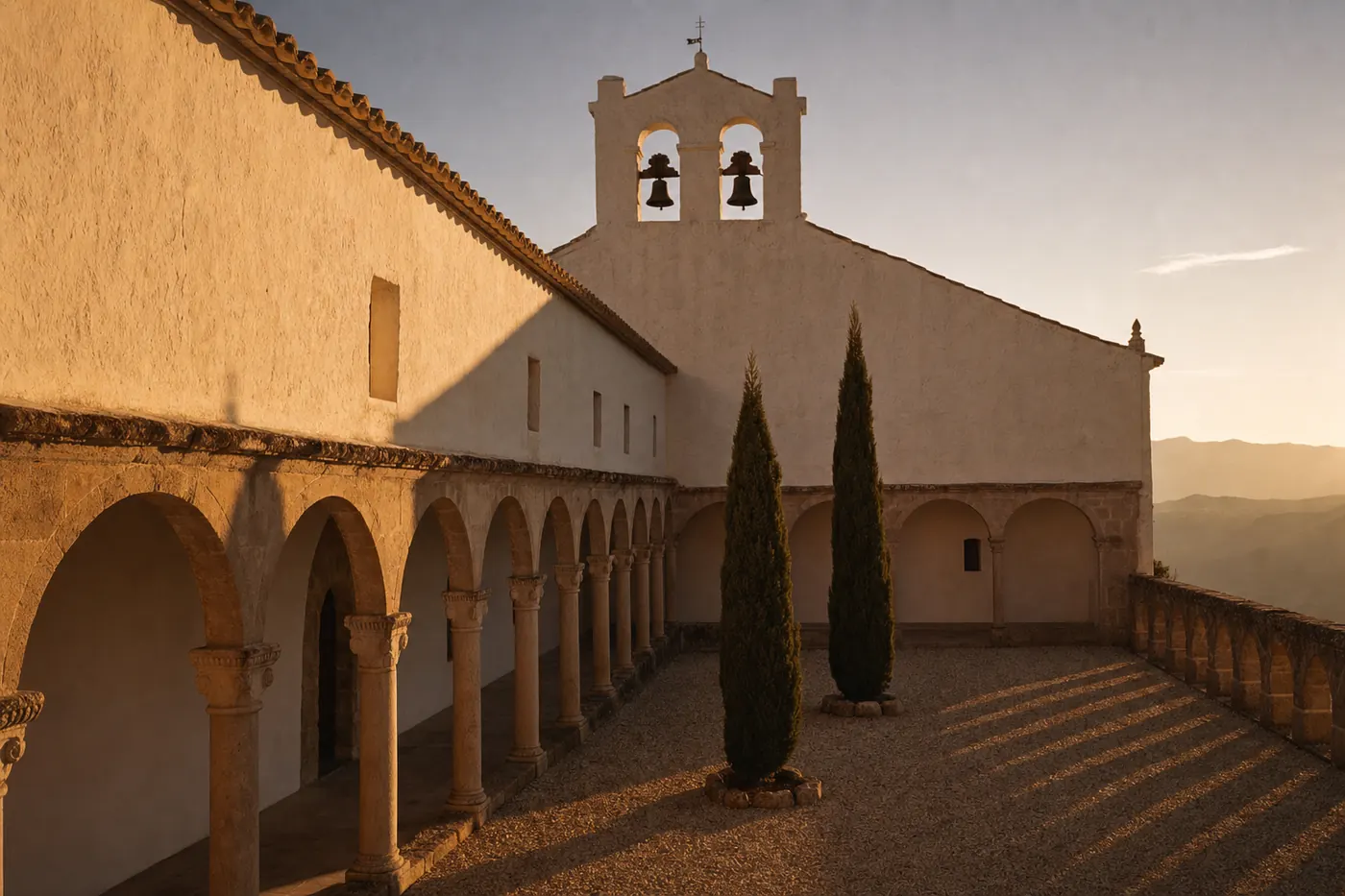 The cloister of the Convento de la Sierra at evening: stone arches around a gravel garth, two young cypresses, amber light raking across lime plaster, the sierra hazy beyond.