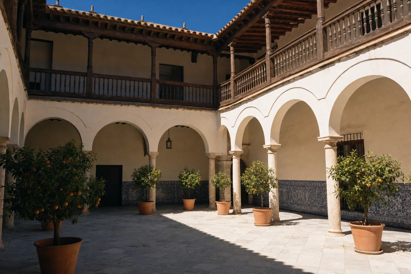 The double-galleried patio of the Hacienda de la Vega: white arcades below, an oak balustrade above, eight potted orange trees on a marble floor, half the courtyard in deep shadow.